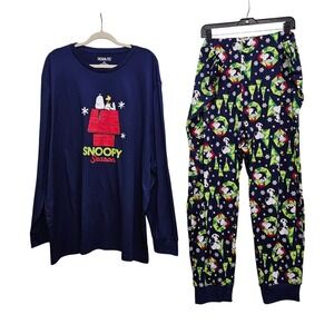 Peanuts Pajama Set Mens 3X Navy Blue Snoopy Season Christmas Holiday Sleepwear